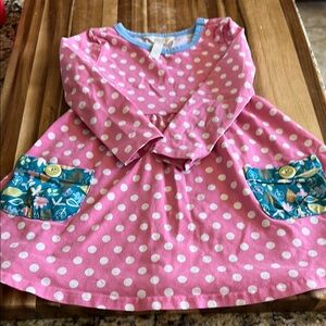 Pink Polka Dot Long Sleeve Dress with Blue Accents